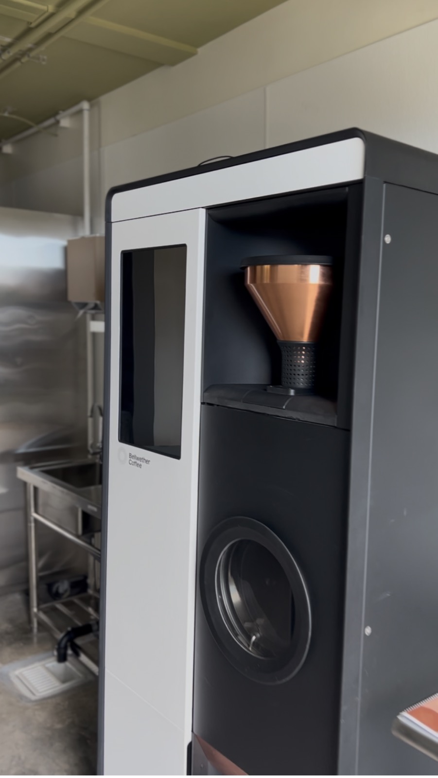 Bellwether Coffee electric roaster used by Rising For People in Midtown Reno — fully electric, low-carbon, on-demand